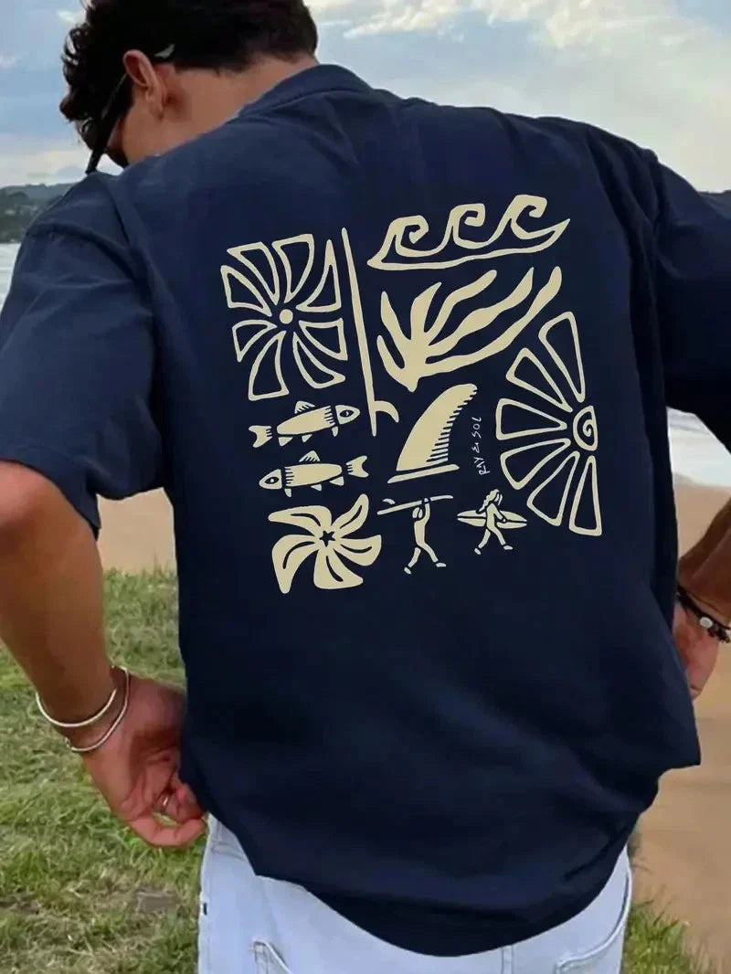 Men's Surf T-Shirt Tropical Beach Graphic Tee Black Yellow Print Casual Tops