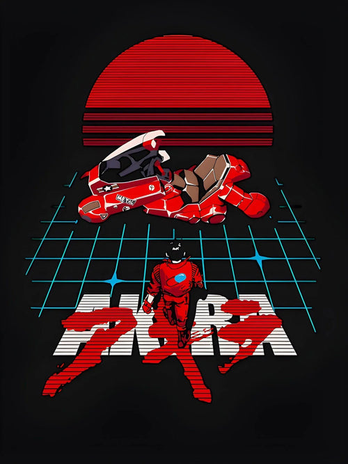 AKIRA Anime Movie | Red Mecha Racing T-Shirt | Vaporwave Sunset Grid