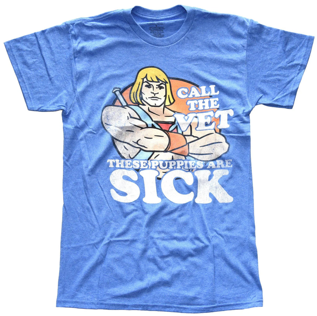 Heman Call the Vet These Puppies are Sick Men's Blue Heather T-Shirt New