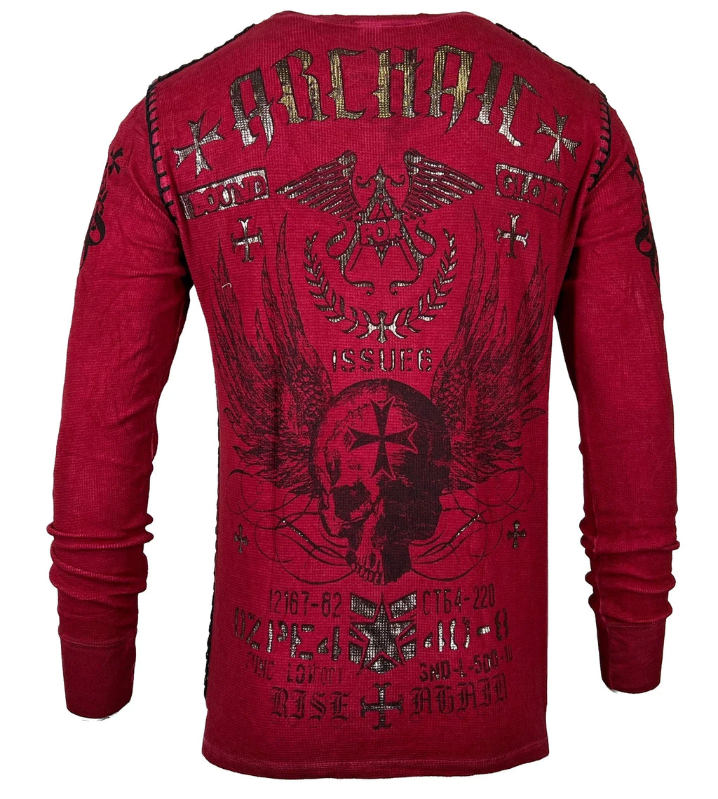 Archaic Affliction Men's Thermal shirt BLACK PRAYER Biker Tattoo Skull Red