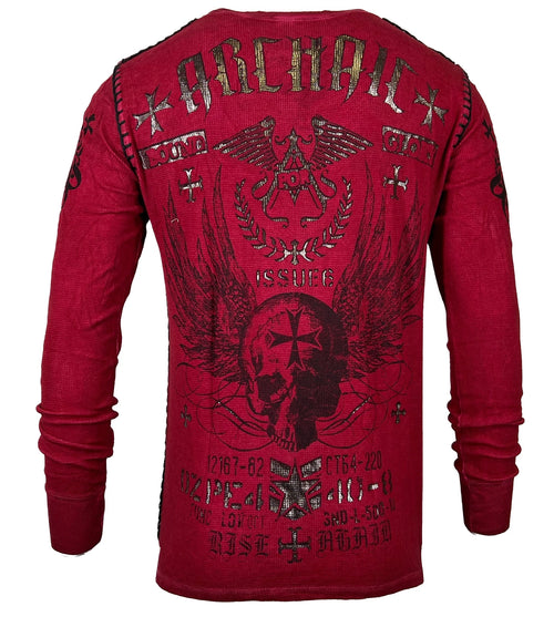 Archaic Affliction Men's Thermal shirt BLACK PRAYER Biker Tattoo Skull Red