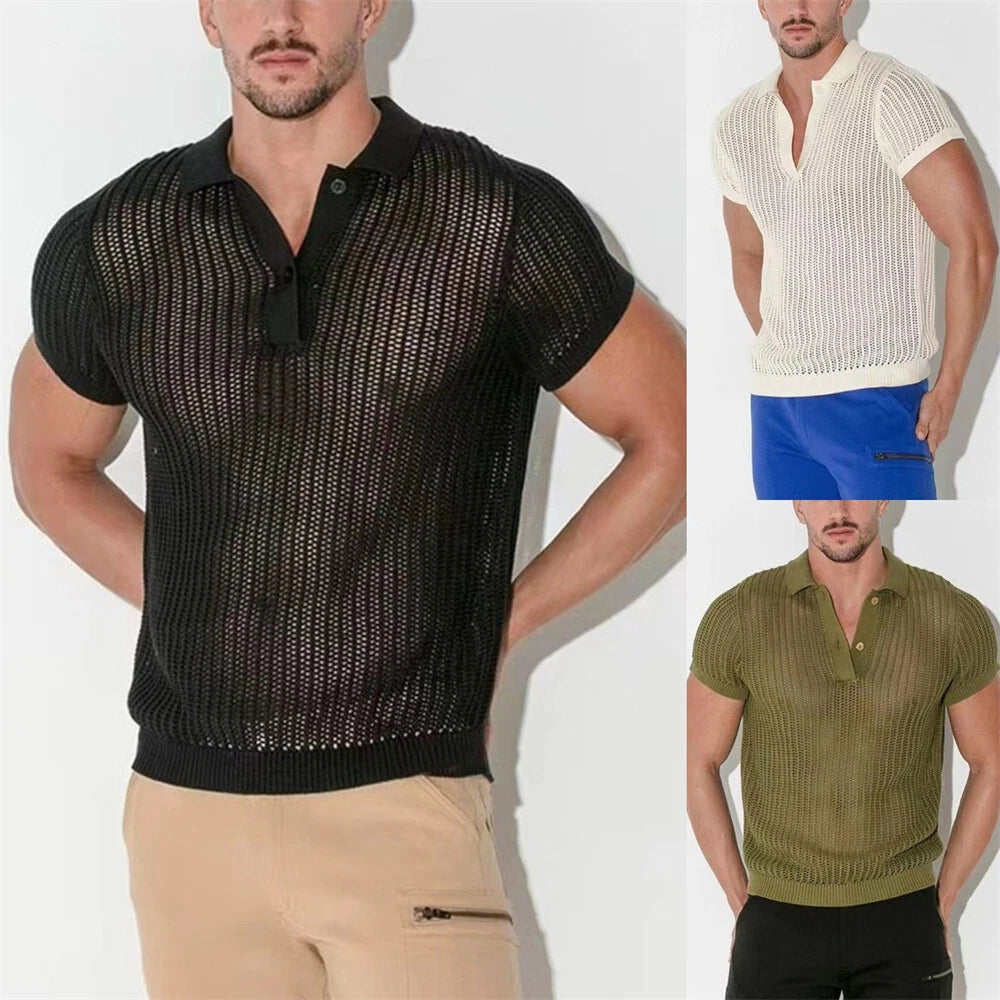 Men Elastic Knit T-Shirt Fashion Casual Top Short Sleeve Summer Polo Shirt Loose