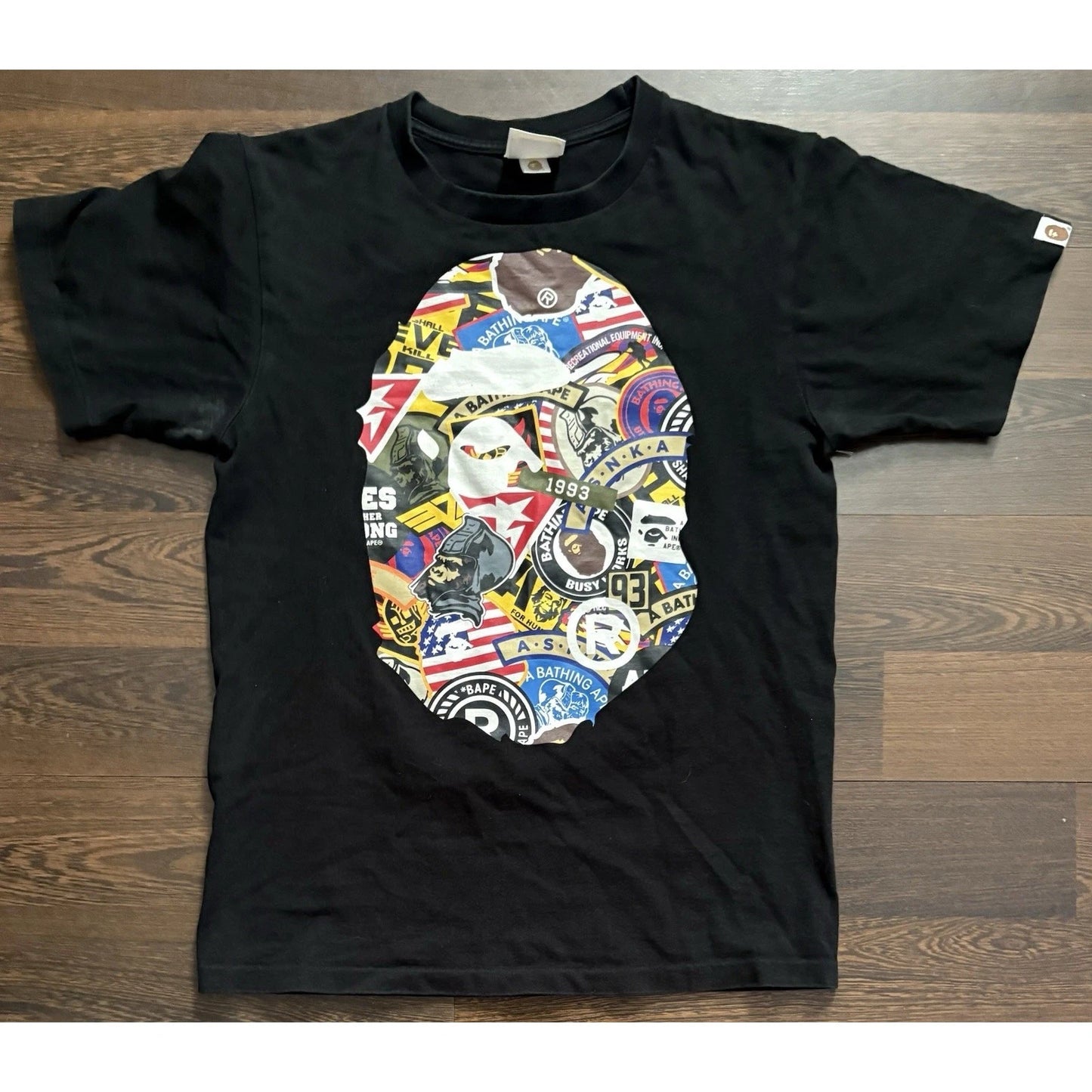 Rare Find Authentic ape bape Bape Black Patched Big Ape Head Tee Mens Sz S
