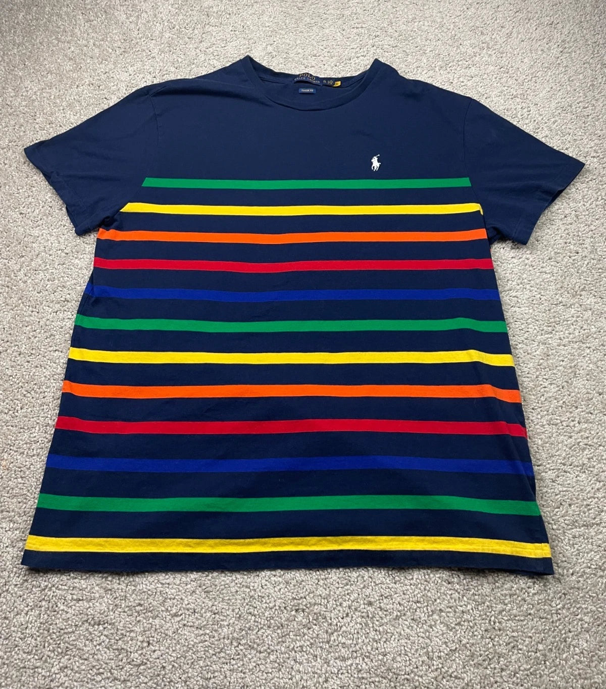 Polo Ralph Lauren T-shirt Men Large  Blue Rainbow Striped Short Sleeve Crewneck
