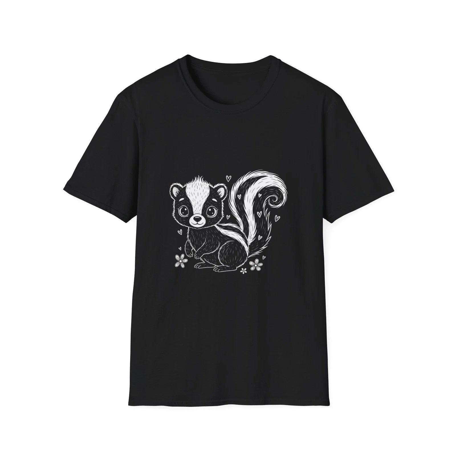 Skunk Cute Cartoon Kawaii Black Tee Nature Hearts Graphic T-Shirt