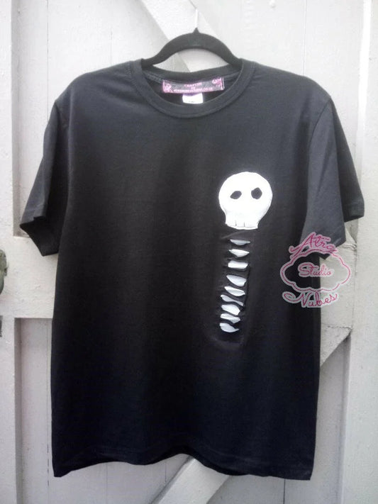 OOAK Gothic Kawaii Creepy Cute Visual Kei Black Skeleton Tshirt Size ML Handmade