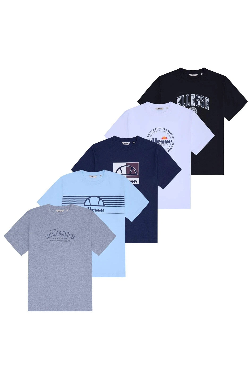 Ellesse 5 Pack T-Shirts Men’s Crew Neck Graphic Logo 5 Colours Multi
