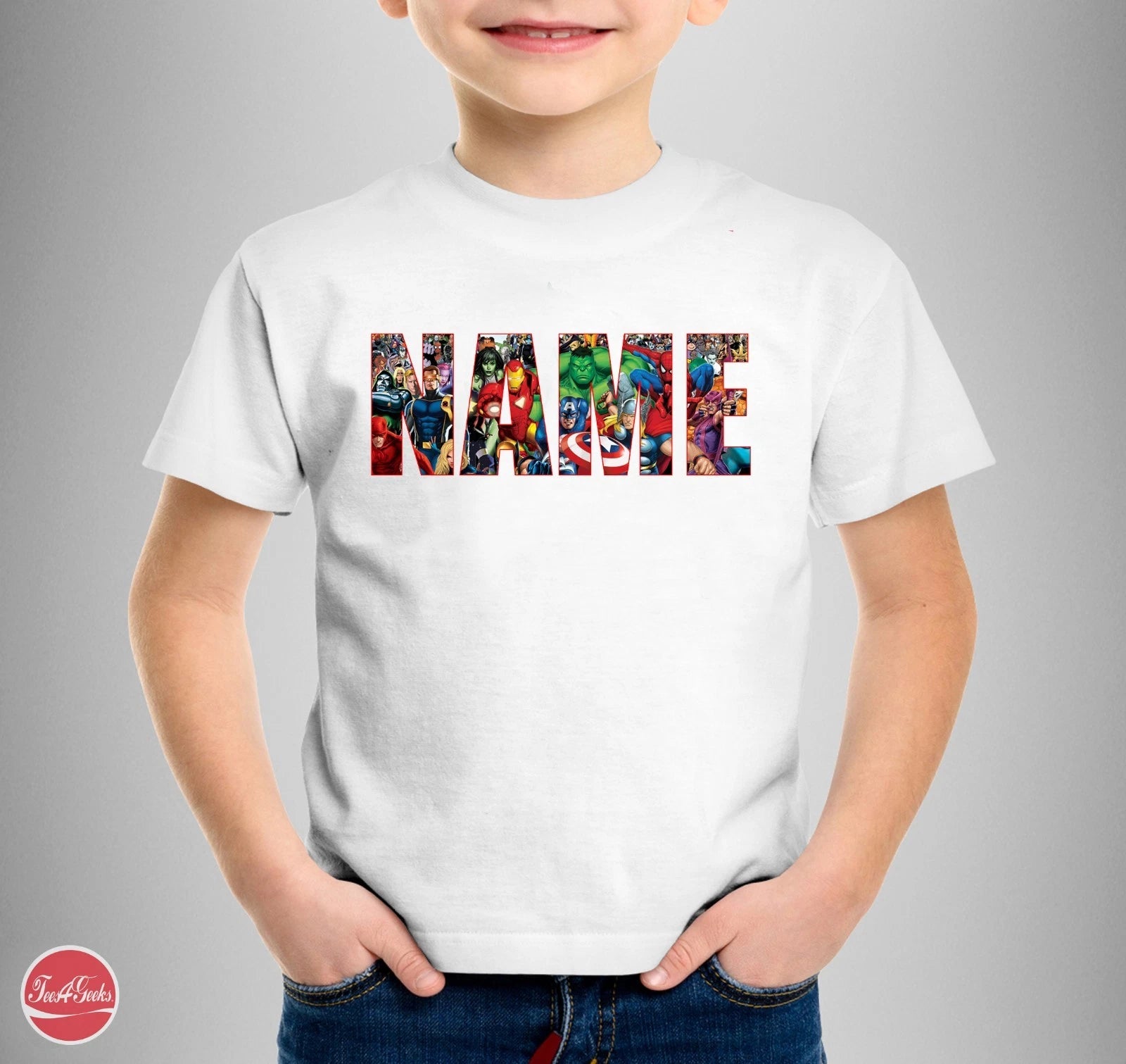 Marvel Personalised Logo T-shirt  "YOUR NAME" Custom Text Party Theme Family