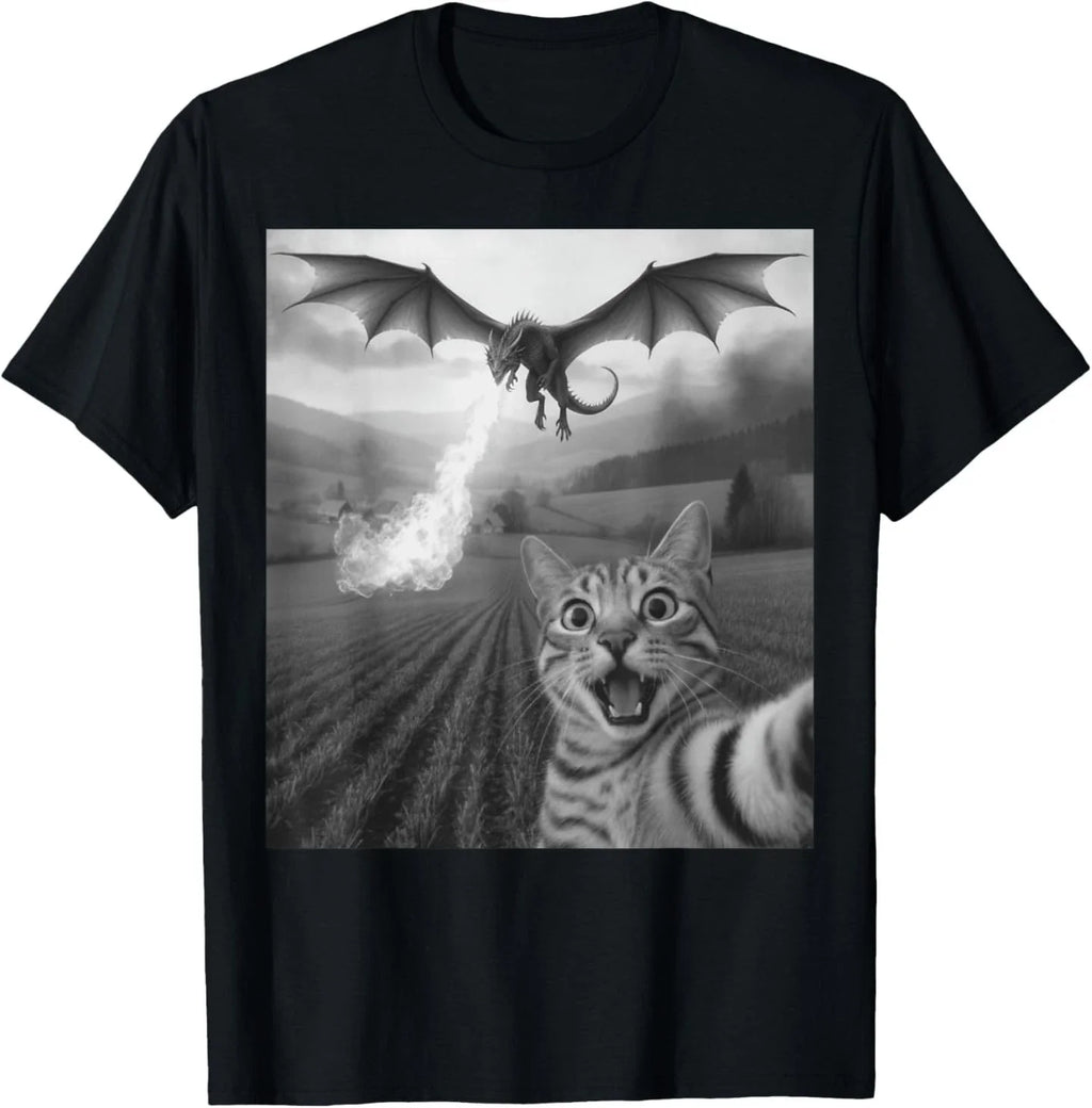Funny Cat Selfie with Dragon Kawaii Fantasy Creature Art T-Shirt