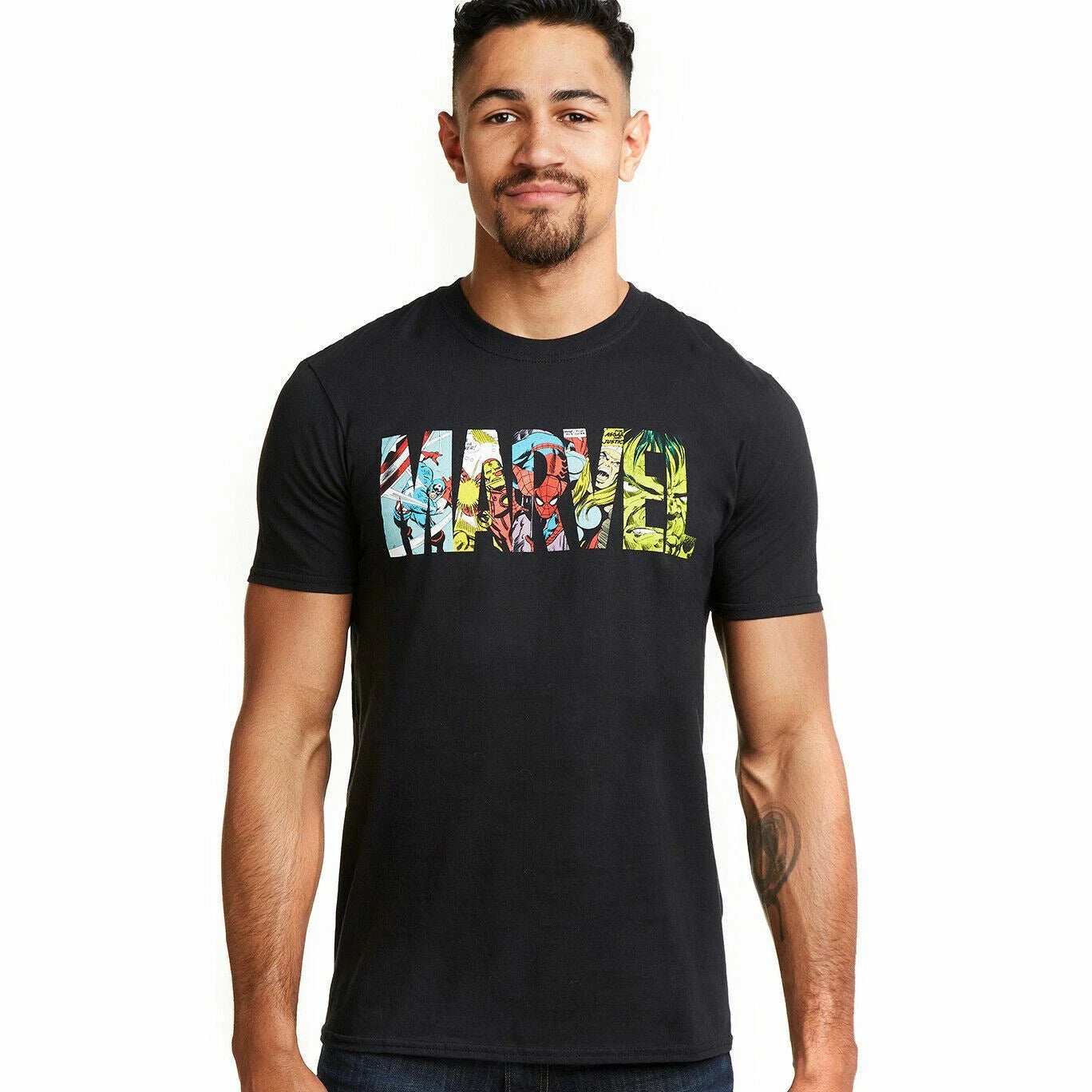 Marvel Mens T-shirt Comic Strip Logo Avengers Black S-2XL Official
