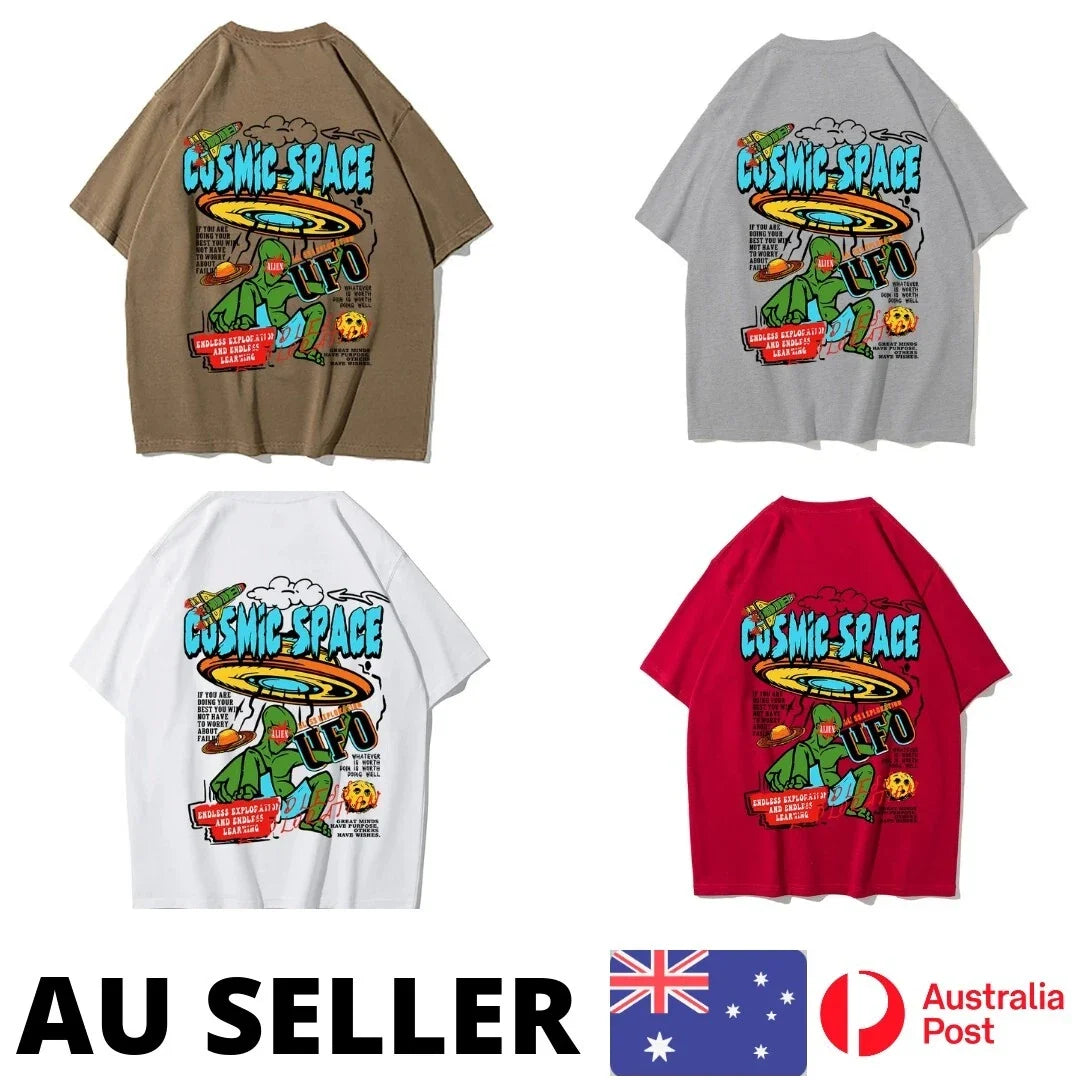 Alien And Ufo Poster Shirts Cartoon Design Print Kawaii Harajuku - AU Stock