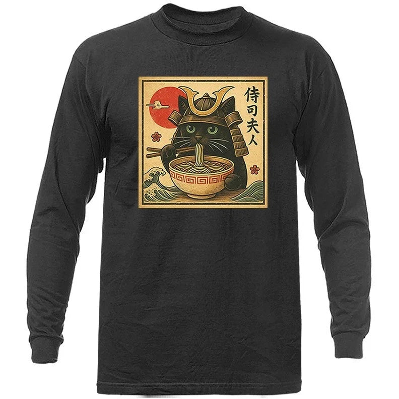 Cat Ramen Noodle Japanese Anime Manga Kawaii Cat Funny Humorous Long Sleeve