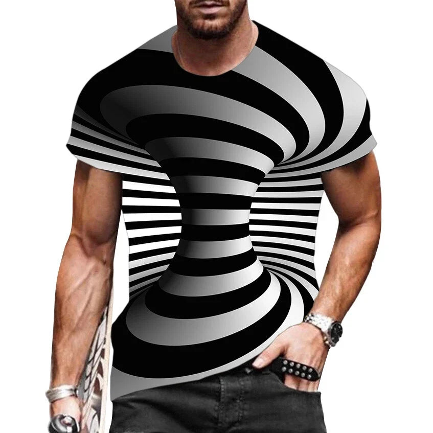 T-Shirt Men 3D Optical Illusion Novelty Short Sleeve Black White Spiral Tee