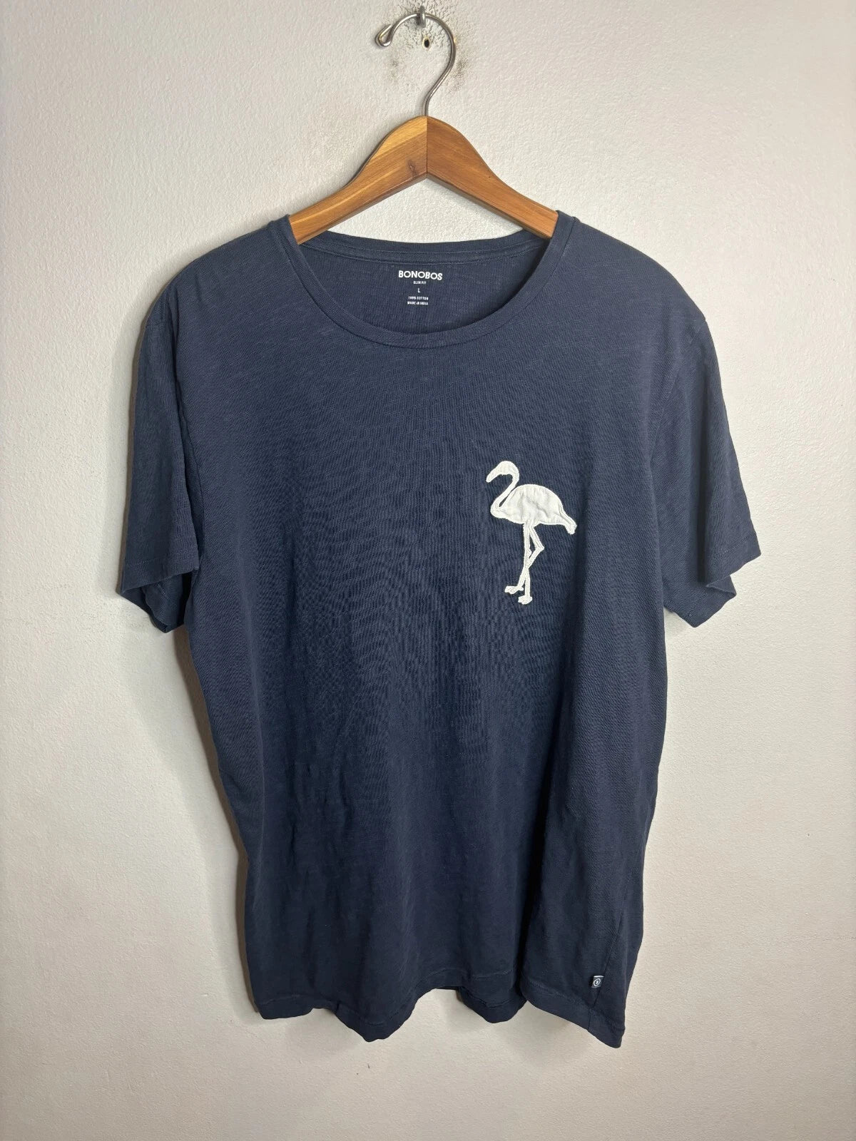 Bonobos T-Shirt Crew Neck Slim Fit Cotton Embroidered Flamingo Mens L Blue 4585