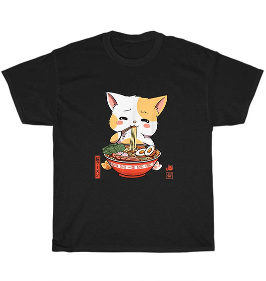Kawaii Kitten Neko Cat Eating Ramen Noodle Japanese Food Anime T-Shirt Unisex