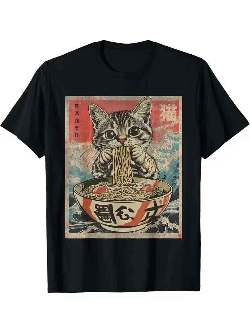 Cat Eating Ramen Noodles Kawaii Anime Japanese Food T-Shirt