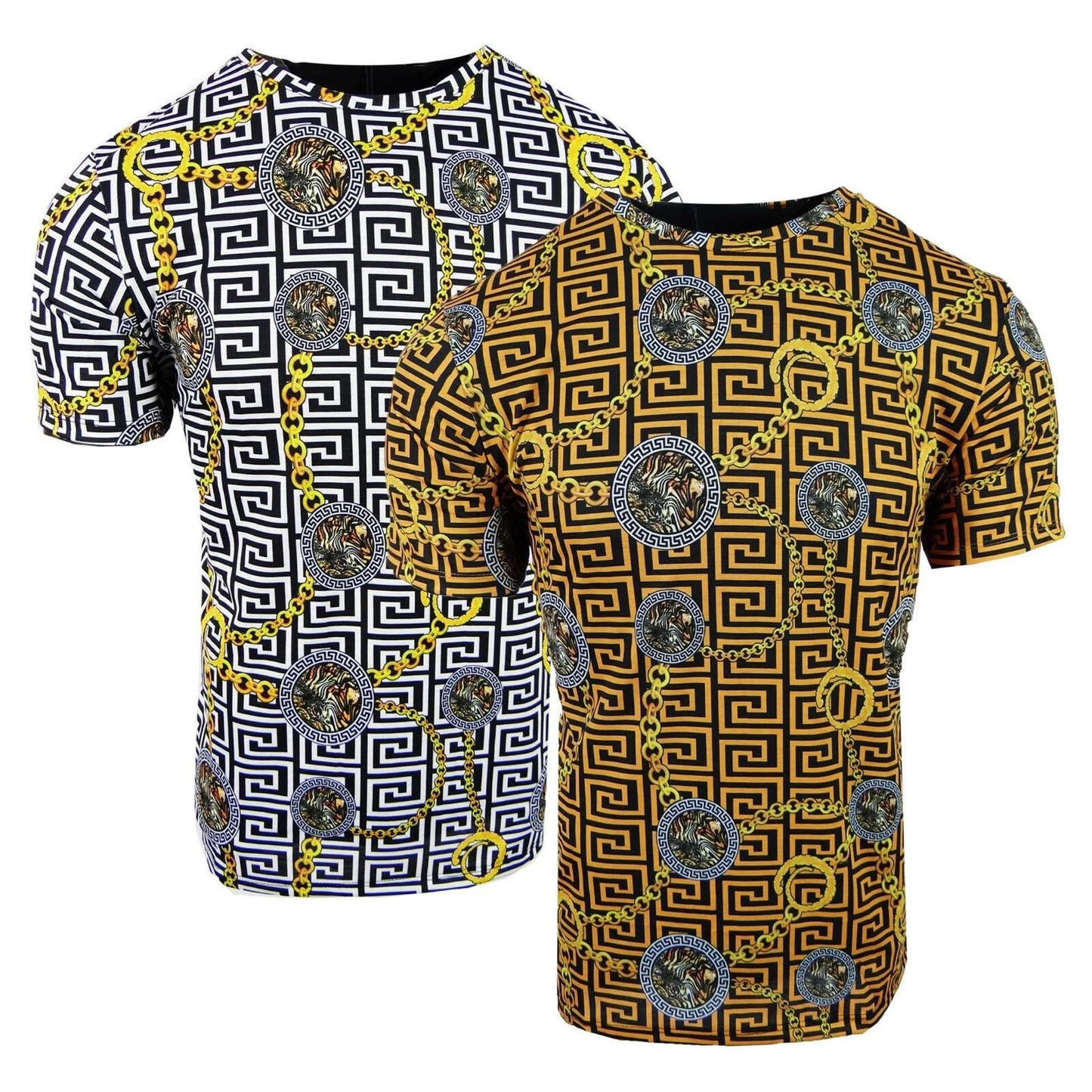 Designer T- Shirt Mens Italian Stripe Gold Chain Floral Animal Print Slim Fit