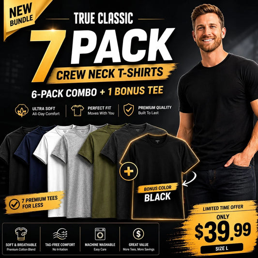 🔥 True Classic 7-Pack Crew Neck T-Shirts | Size L | + Bonus Black Tee