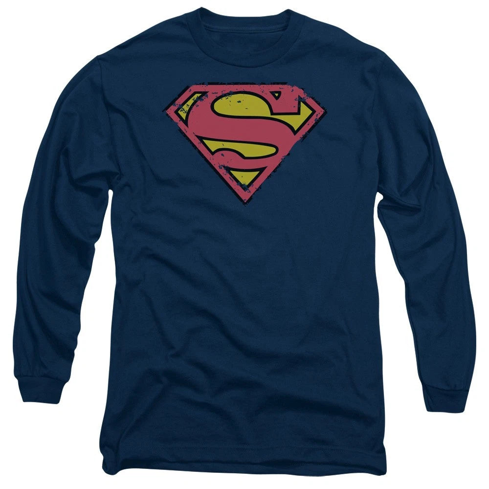 Superman Distressed Shield Long Sleeve Men’s T-Shirt Licensed S-3XL Tee