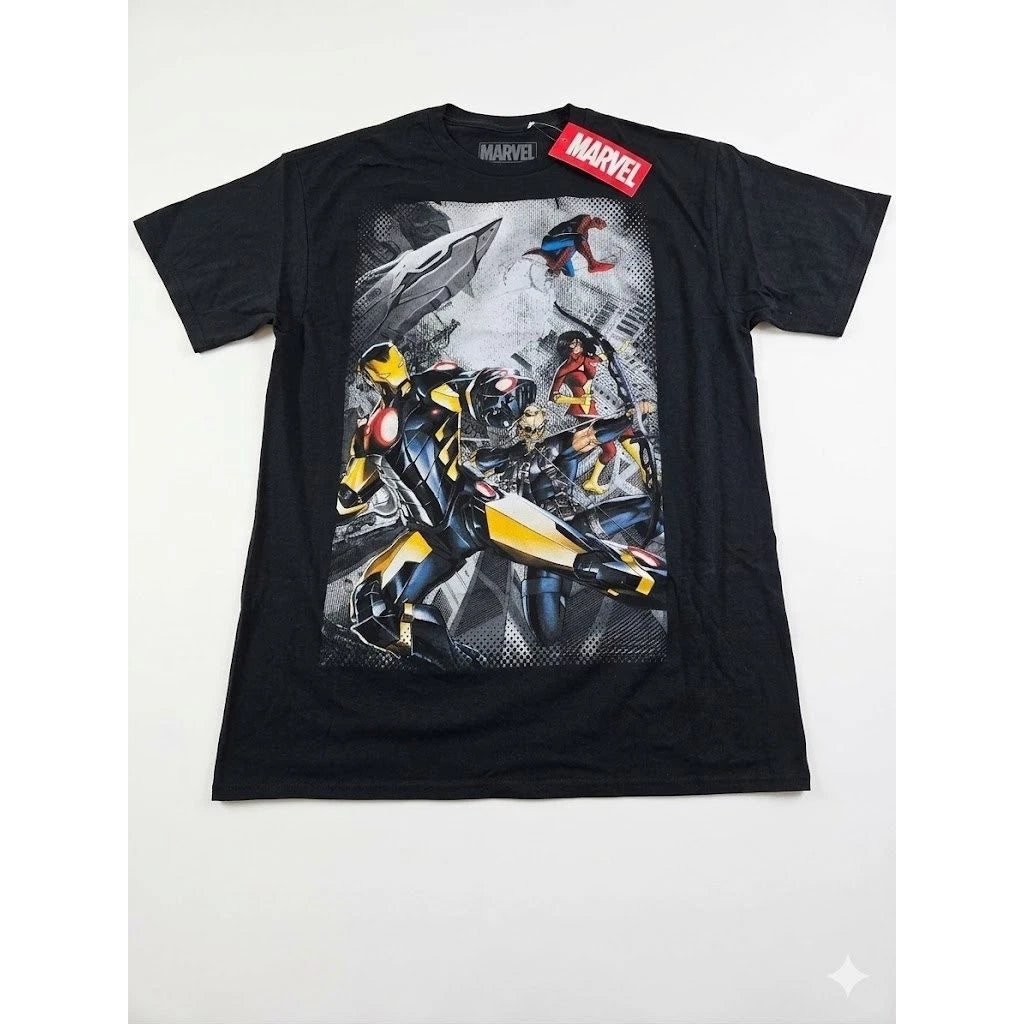 Marvel Avengers Graphic T-Shirt Mens Large Black Iron Man Spider-Man Hawkeye