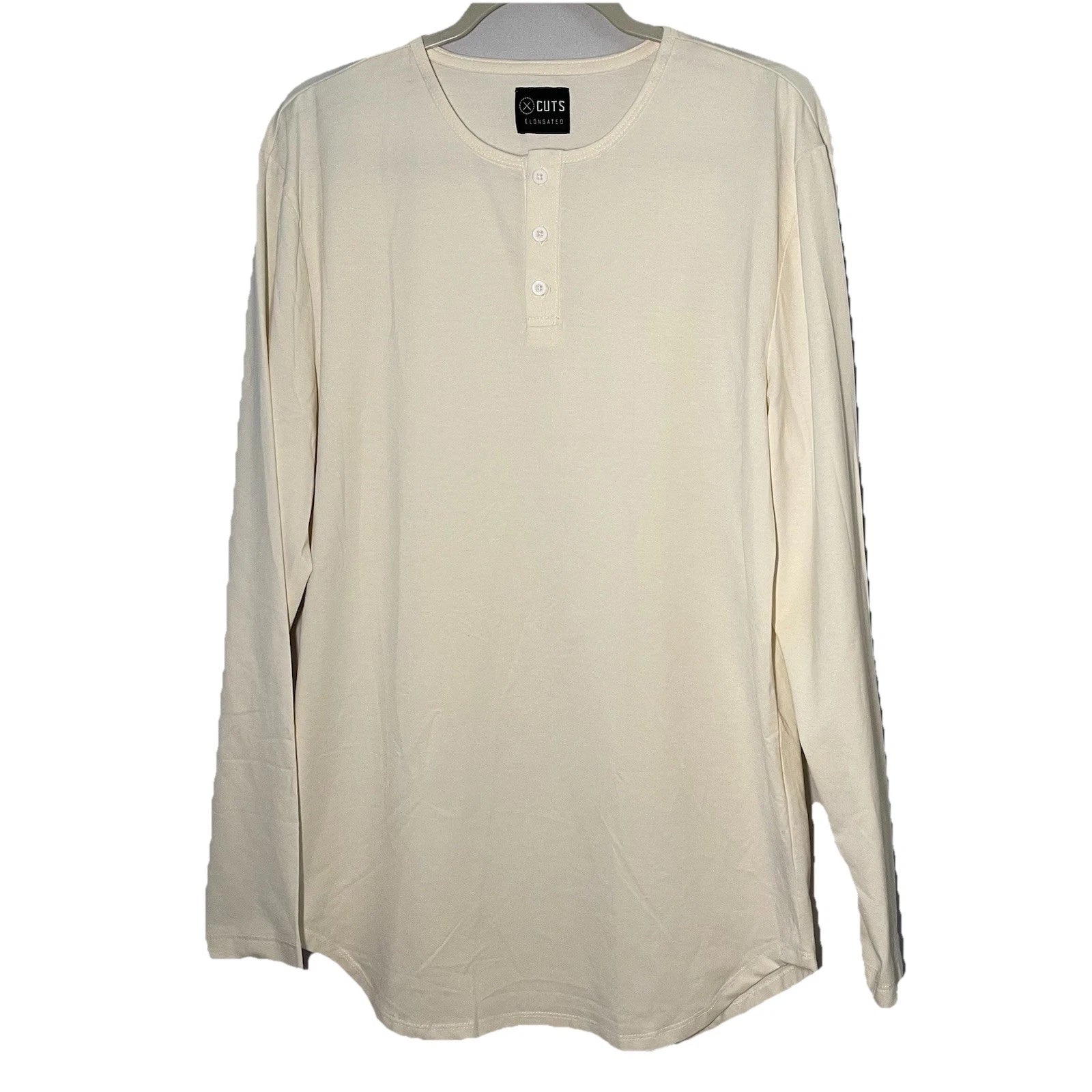 New Cuts Clothing Elongated Long Sleeve Henley T-Shirt Men Size L Stretch Ivory