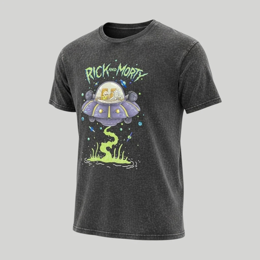 ROMWE T-Shirt Men's Washed Black L Rick and Morty Graphic Crew Neck Tee