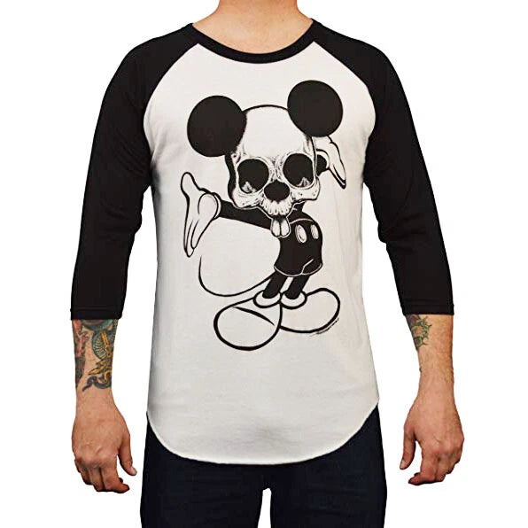 Lowbrow Art Ta Da Mickey Mouse Skeleton White Black Baseball Shirt Tee S-2XL Men