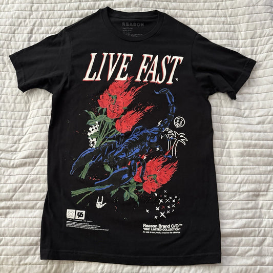 Reason Clothing Live Fast Graphic T-Shirt Black Size Medium Streetwear Tee