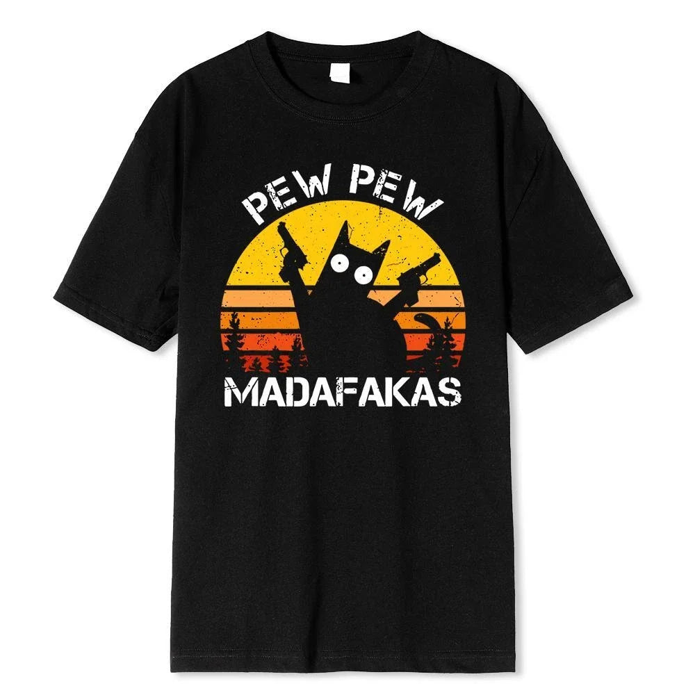 Pew Pew Madafakas Cat with Two Guns Printing T-Shirt | Summer Cotton Hip Hop Tee