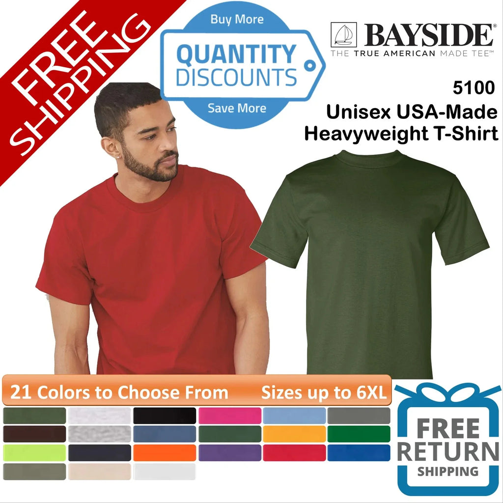 🔥 Bayside Blank USA-Made Heavyweight T-Shirt Short Sleeve Up To 6XL 5100