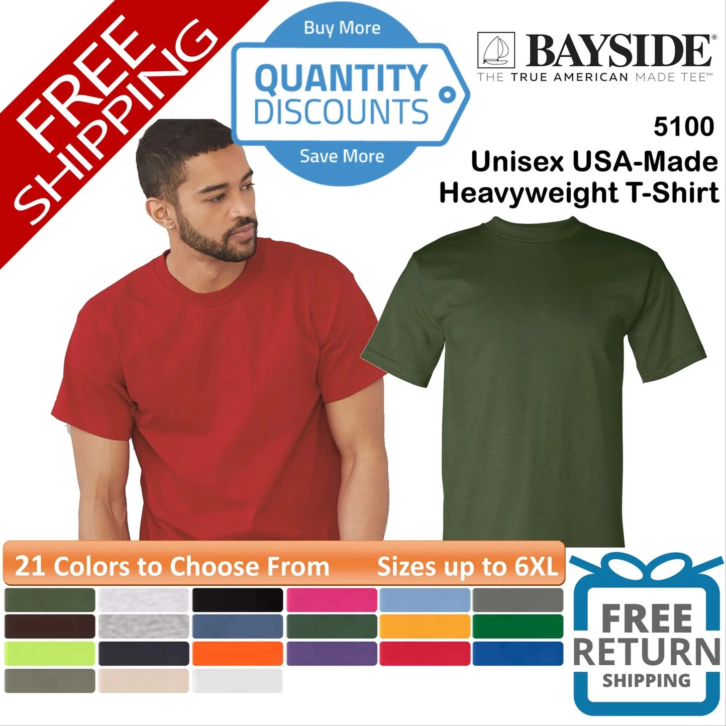 🔥 Bayside Blank USA-Made Heavyweight T-Shirt Short Sleeve Up To 6XL 5100