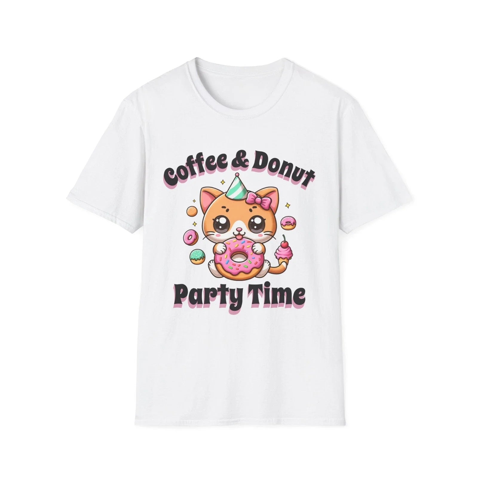 Coffee & Donut Party Time T-Shirt | Cute Cat Donut Design