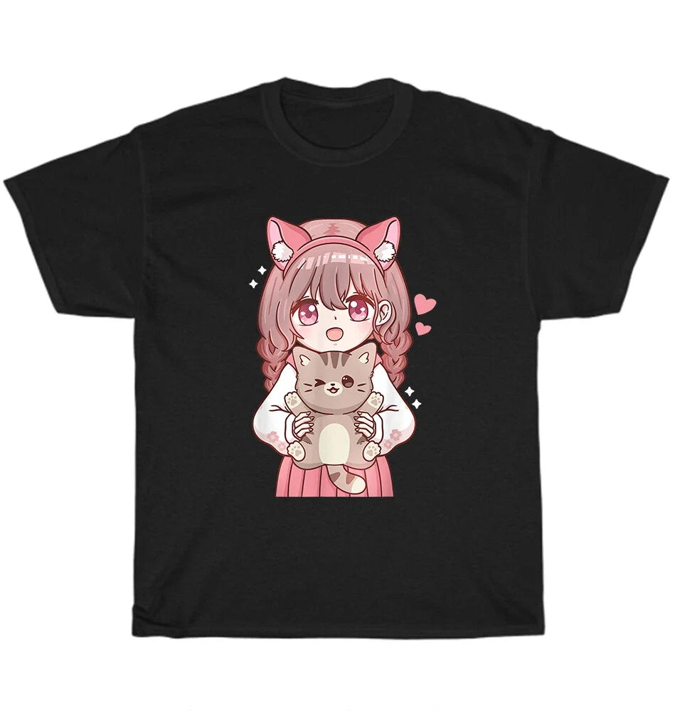 Anime Girl with Cat Kawaii Cat Kitten Pet Lover Otaku T-Shirt Unisex Funny Gift