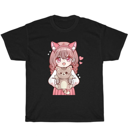 Anime Girl with Cat Kawaii Cat Kitten Pet Lover Otaku T-Shirt Unisex Funny Gift