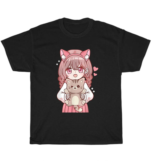 Anime Girl with Cat Kawaii Cat Kitten Pet Lover Otaku T-Shirt Unisex Funny Gift