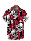 Mens Button Down Gothic Skull Floral Hawaiian Top Novelty Rose Tattoo Gift Shirt