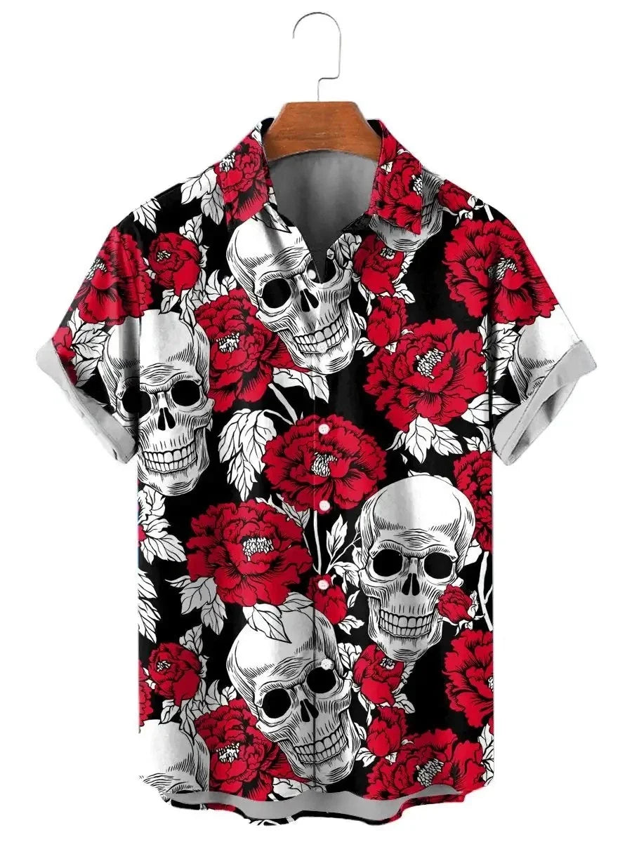 Mens Button Down Gothic Skull Floral Hawaiian Top Novelty Rose Tattoo Gift Shirt
