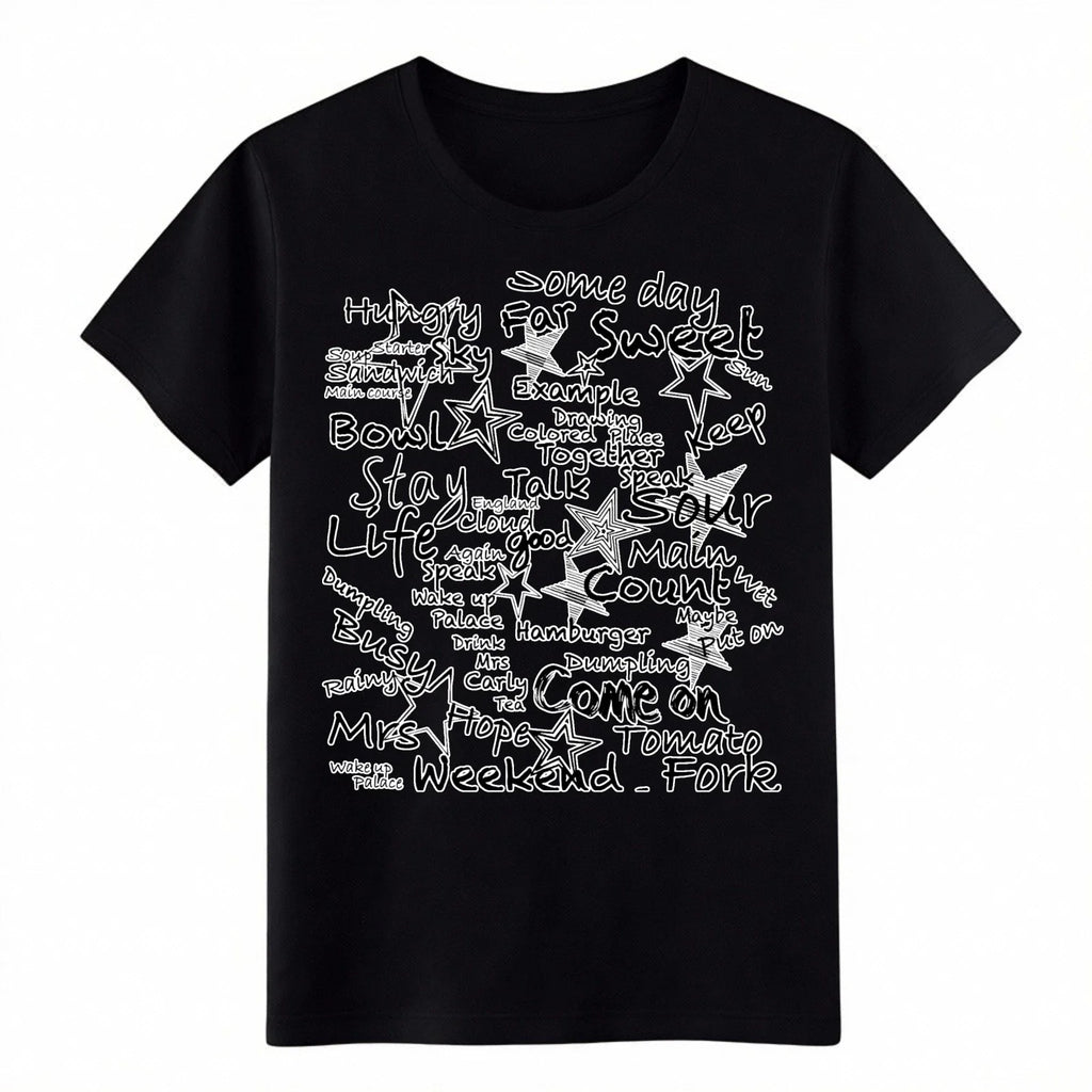 Hand Drawn Word Collage T-Shirt Casual Life Quote Graphic Tee for Everyday Wear