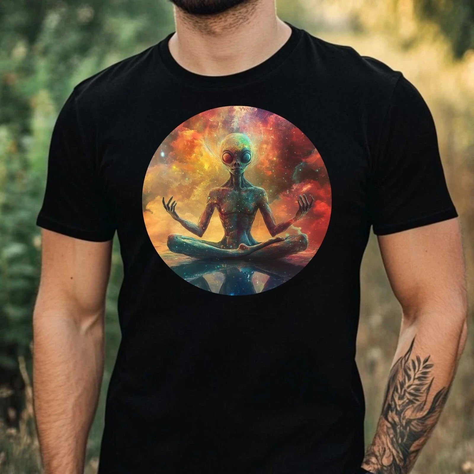 Mens Alien Yoga Theme Cotton T-Shirt Size XS to 5XL