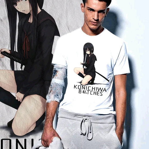 Anime T-Shirt Samurai sword Konichiwa greeting japanese martial arts samurai tee
