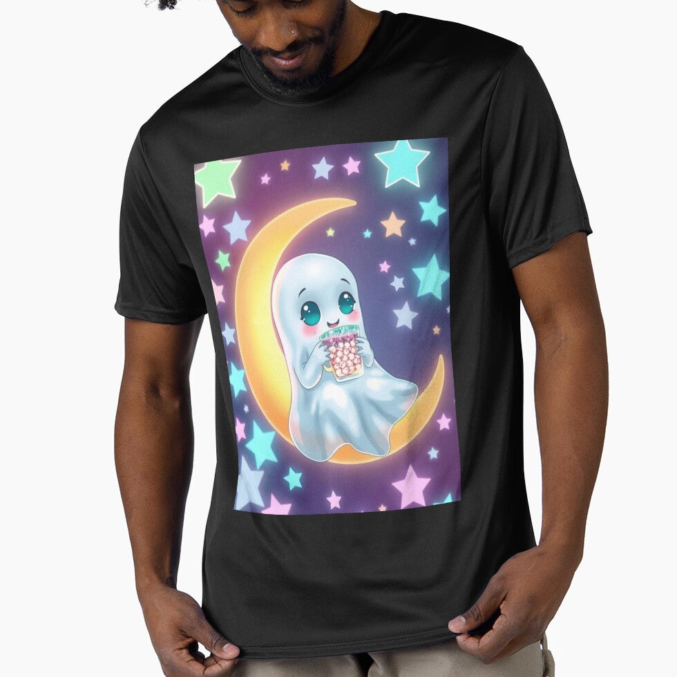 Kawaii Ghost Sitting on Moon with Candy by ArmaanArts