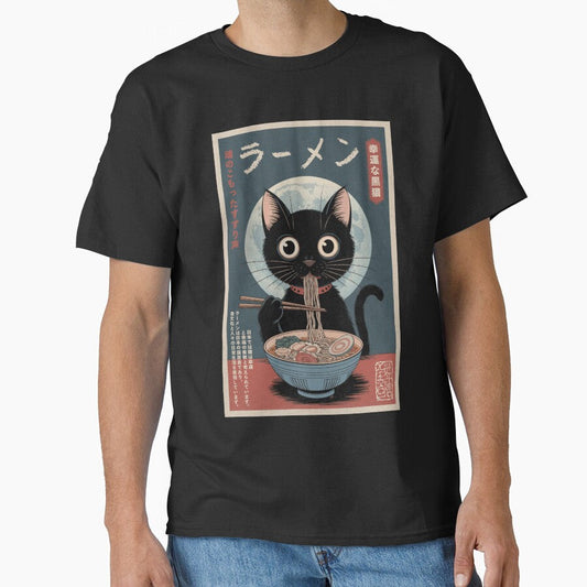 Funny Black Cat Ramen Japanese Funny Graphic Tees Kawaii Cat Anime Gifts by Damcoc