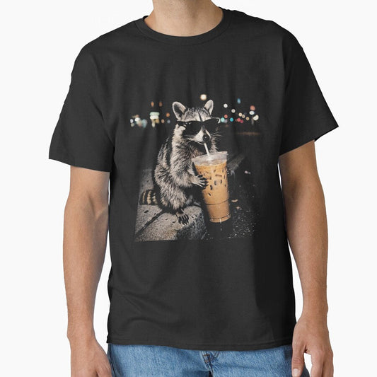 Raccoon Drinking Iced Coffee, Funny Animal Meme Vintage Aesthetic T-Shirt by borenclolahroy