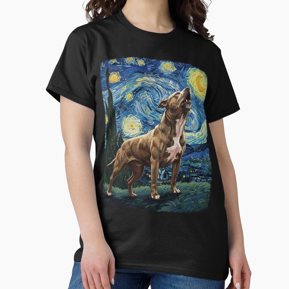 Pitbull Staffordshire Terrier Howling At Moon Starry Night Van Gogh Funny by d247
