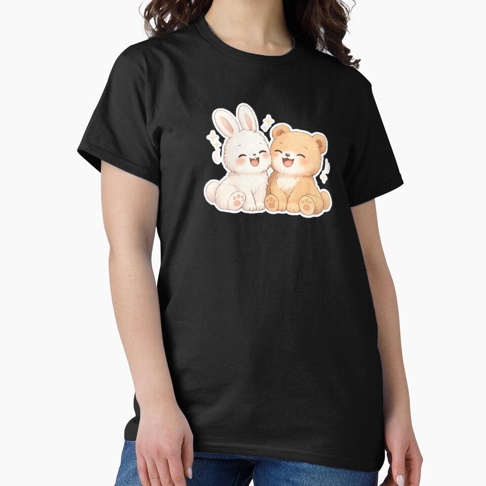 Kawaii Bunny & Bear Happy Hug — Cute Joyful Animal Friendship Illustration by Smile-AlNo