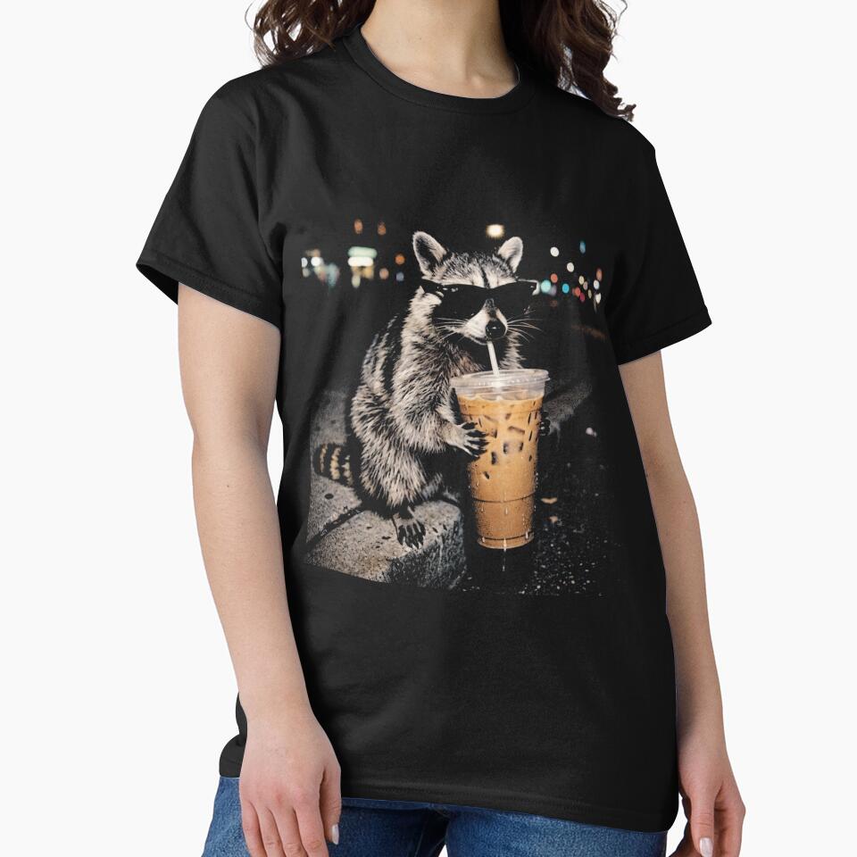 Raccoon Drinking Iced Coffee, Funny Animal Meme Vintage Aesthetic T-Shirt by borenclolahroy