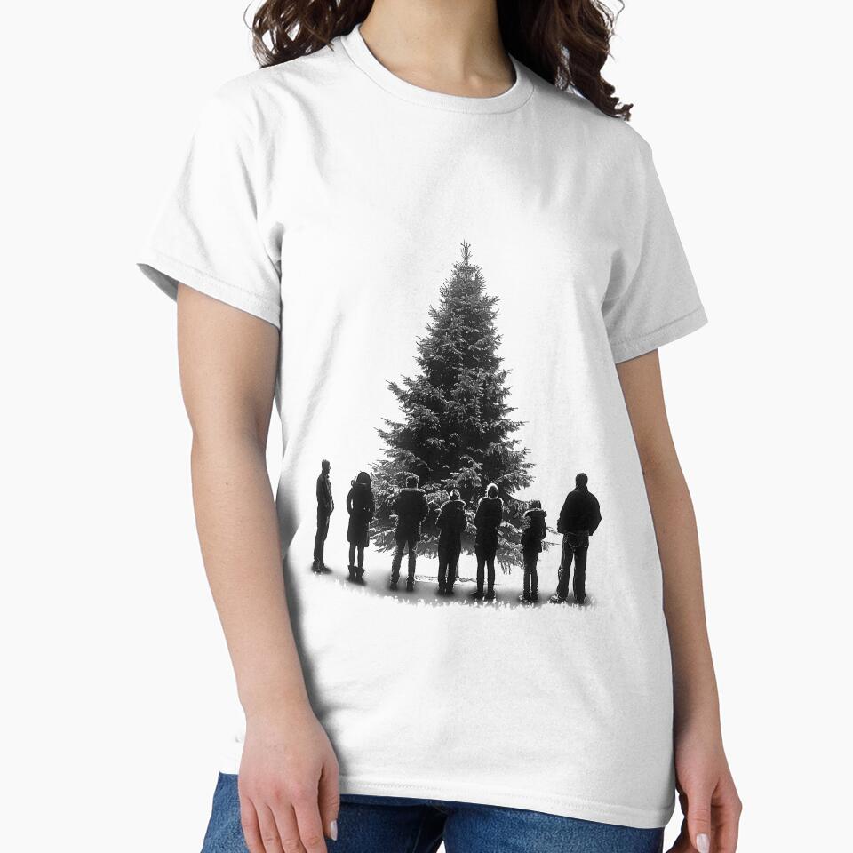 Christmas Tree Lighting Crowd – Minimal Black and White Holiday Illustration by inkoutninja
