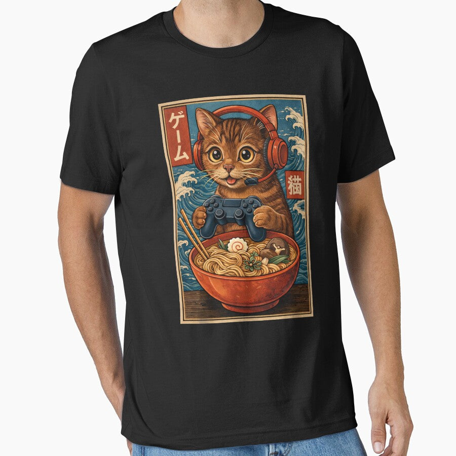 Cute Kawaii Gamer Cat Funny Ramen Retro Japanese Cat Gaming by Kladhadredo