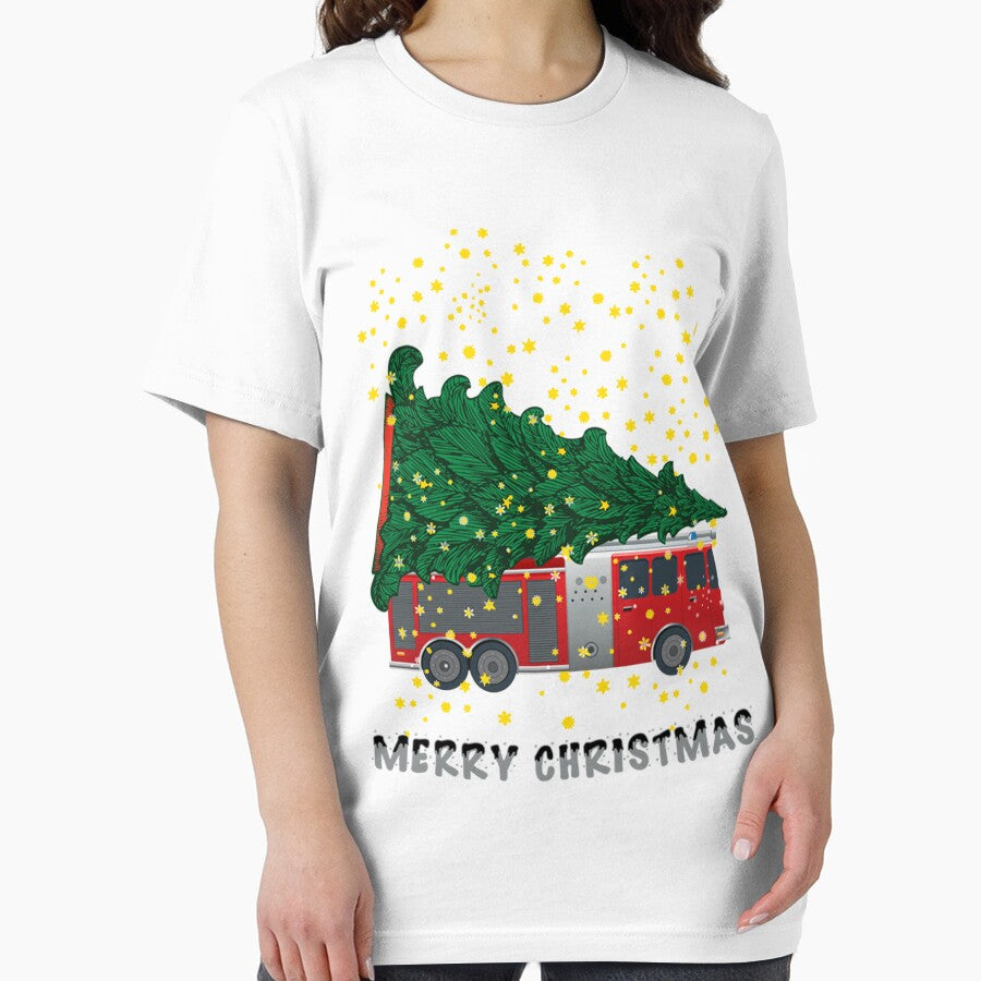Merry Christmas Tree Fire Truck Holiday Shirt for Christmas by q4success