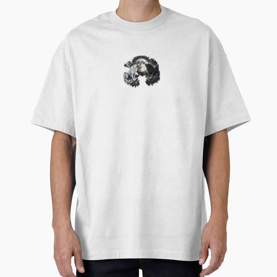 White Wolf vs Black Wolf Moon Night Premium T-Shirt Design | Mystic Dual Wolves Mountain Art by KALA-PXL